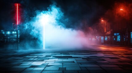 Obraz premium Neon City Street at Night with Blue and Red Lights