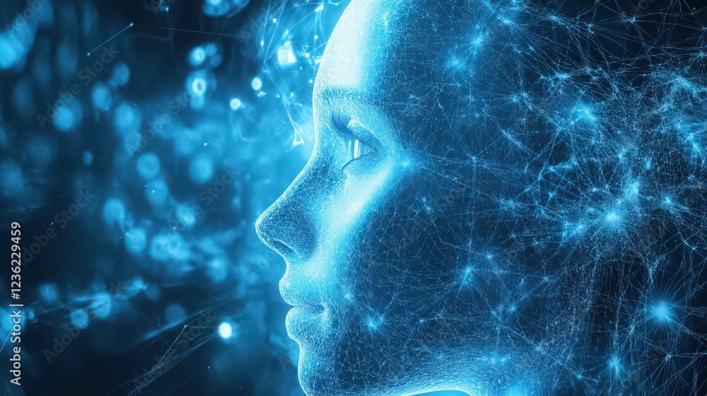 Poster abstract digital female face with network connections and glowing nodes representing ai