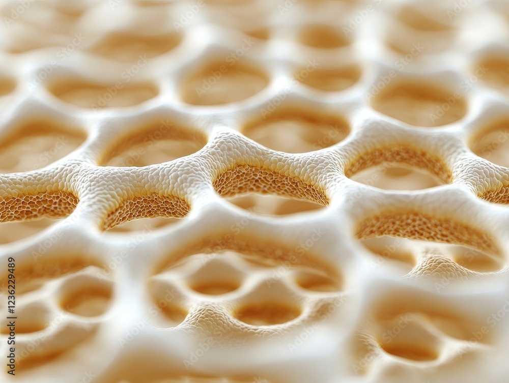 Poster close-up of a textured surface featuring hexagonal patterns, resembling a natural structure, with so