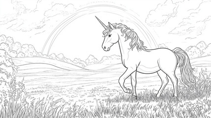 Unicorn coloring pages for kids: Majestic unicorn walking through a beautiful landscape with a rainbow