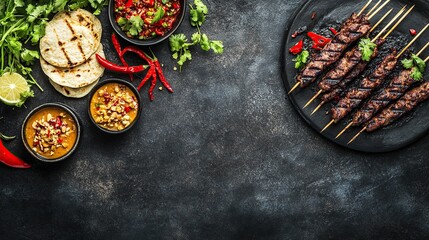 Grilled Satay, Dips, Flatbreads, Chili, Dark Background, Food Photography