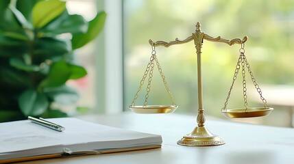 bankruptcy assets law. A brass balance scale sits on a desk near a notepad, symbolizing justice, law, and fairness, with greenery visible in the background.