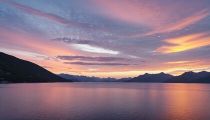 Fototapeta premium Vibrant Reflections of a Mountain Sunset Over a Serene Lake