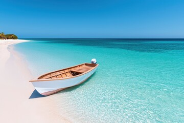 Fototapeta premium Exclusive private beach with crystal clear turquoise waters and a wooden boat gently resting on the pristine sandy shore
