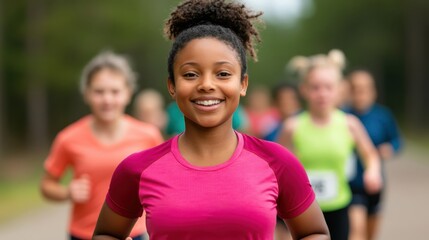 Energetic and Smiling Woman Participating in a Family Friendly Outdoor Running Event on a Grassy Field on a Sunny Summer Day