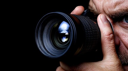 Photographer's Focus: A close-up shot reveals a photographer's intense concentration as their eye peers through the lens of a professional camera, capturing the essence of a moment.