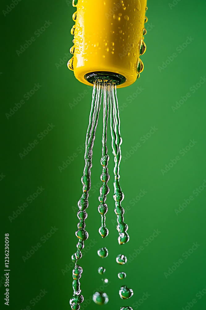 Poster close-up of water droplets falling from a yellow nozzle, creating a sparkling effect against a green