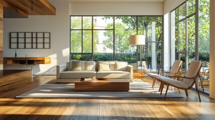 Fototapeta premium A beautifully finished basement with modern furniture, wooden floors, and plenty of natural light.