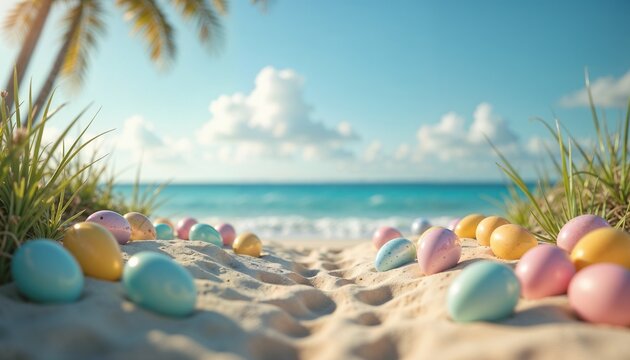 Artistic Easter egg hunt on a sunny beach with hidden eggs, seashells, and vibrant decorations under a clear sky