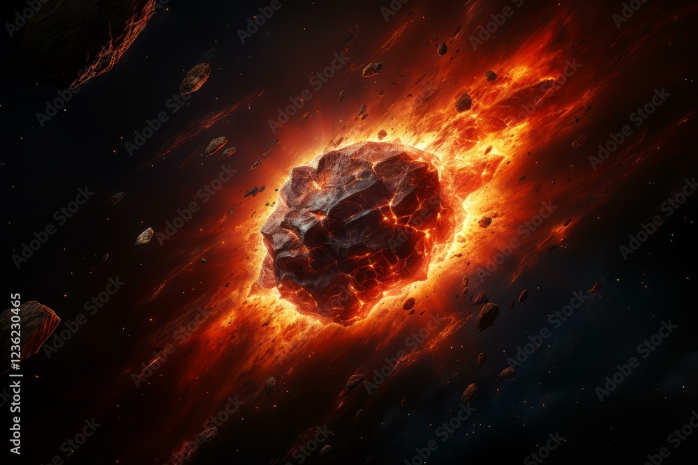 Poster asteroid exploding in space with fire and debris creating a dramatic cosmic event