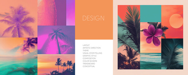 A vivid tropical escape infused with bold neon gradients, vibrant sunsets, palm silhouettes, and exotic floral elements. This dynamic collection blends retro aesthetics with modern design.