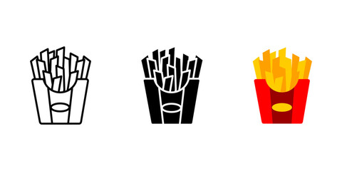 French fries icon. Crispy potato snack sign. Golden fried sticks symbol. Fast food box pictogram. Salty and crunchy chips illustration.