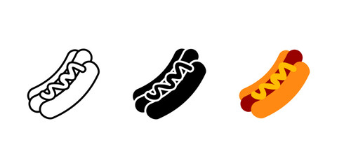Hot dog icon. Grilled sausage with mustard in a bun sign. Tasty fast food symbol. Classic street food snack pictogram. Takeaway meal illustration.
