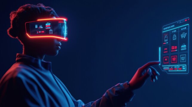 A futuristic digital shopping experience for eco-conscious consumers, a holographic interface displaying sustainability ratings for products, a user navigating an augmented reality store with an AI