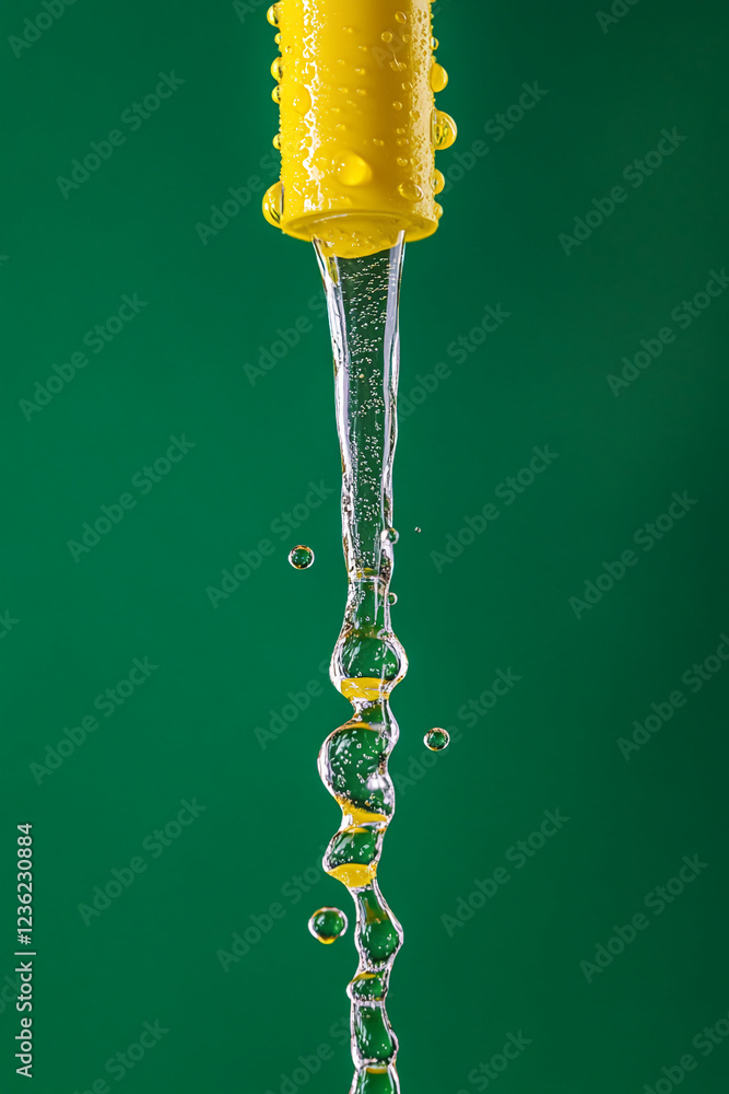 Aufkleber close-up view of water flowing from a yellow nozzle, creating droplets against a green background, s