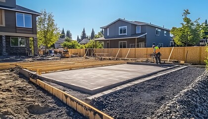 Obraz premium Residential Construction Site Showing Fresh Concrete Slab