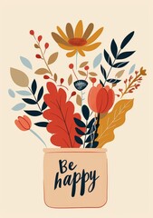 A vase of flowers with the words "be happy" written on it. The flowers are colorful and arranged in a way that makes the vase look like a bouquet. Scene is cheerful and uplifting