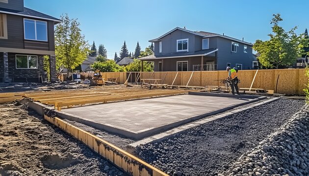 Residential Construction Site Showing Fresh Concrete Slab