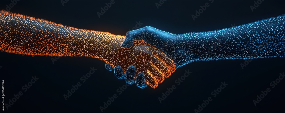 Poster digital handshake between and human in futuristic business innovative partnership and project manage