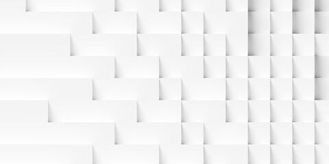 Fototapeta premium Grid of stepped white rectangles and boxes geometry background wallpaper banner, flat lay