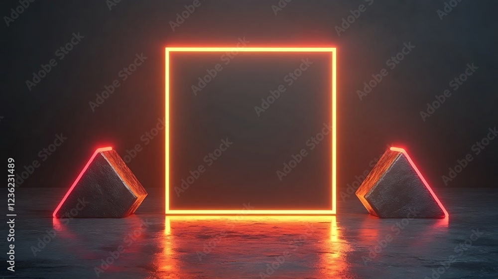 Poster neon light frame with two metallic triangular objects