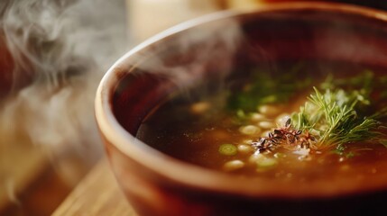 Steaming bowl of nourishing bone broth with fresh herbs and vegetables, healthy and comforting meal concept, perfect for wellness, detox, and culinary themes.