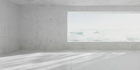 Abstract empty, modern concrete room with window opening in the back wall with cloudy mountain background and tree shadow - industrial interior background template