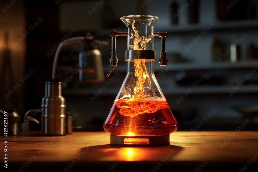 Aufkleber orange chemical liquid bubbling in an erlenmeyer flask during a science experiment in a laboratory