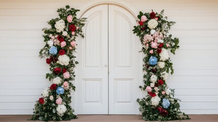 Fototapeta premium Elegant arched wooden doorway adorned with a lush cascading floral wreath featuring red white and blue flowers greenery and foliage creating a beautiful inviting entryway for a holiday wedding