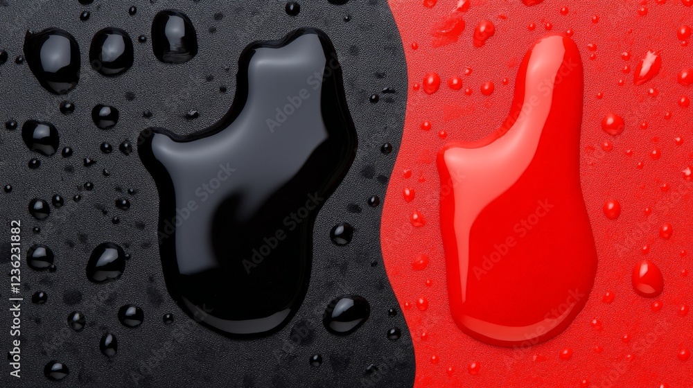 Poster red and black liquid drops: an abstract image featuring contrasting droplets of red and black liquid