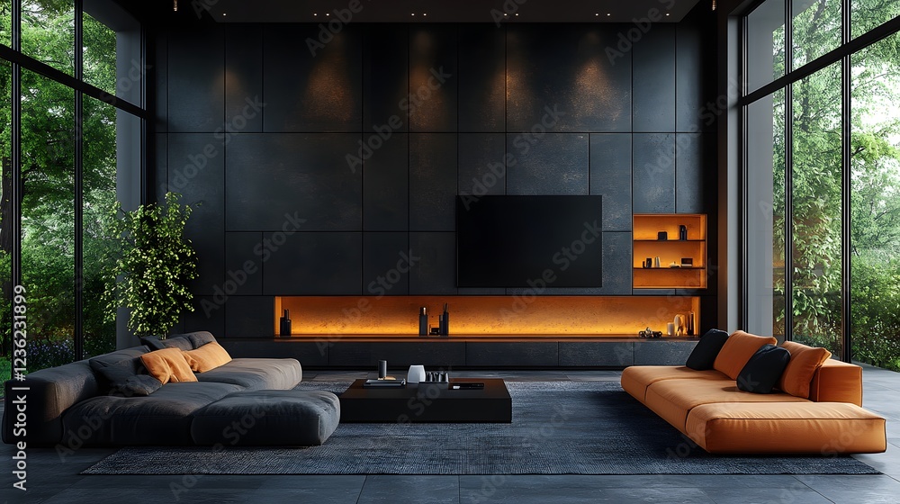 Poster modern dark living room interior a black empty wall mock up sleek lines and geometric patterns enhan