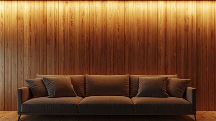 A Cozy Living Room With A Brown Couch Against A Warm-Lit Wooden Wall. The Scene Evokes A Feeling Of Calmness And Relaxation.