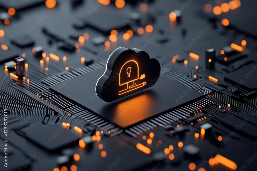 Poster digital business powered by cloud computing solutions and glowing circuits conceptual image represen