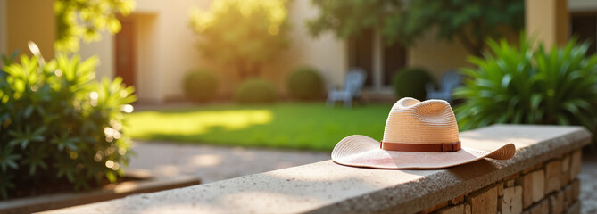 Fototapeta premium Straw hat resting on stone wall in sunny garden
