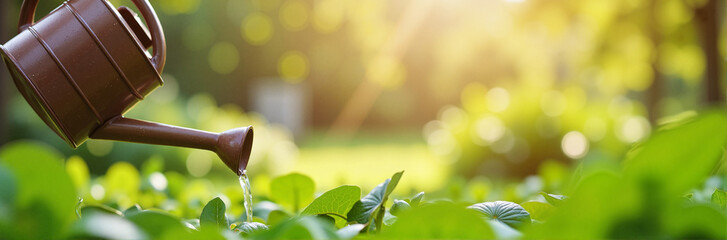 Watering plants in garden with sunlight background