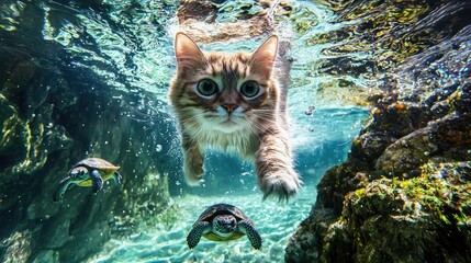 Amazing Underwater Cat and Turtles