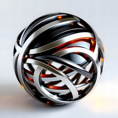 Futuristic Metallic Sphere with Interwoven Silver and Black Strands
