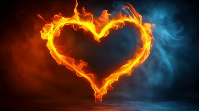 A heart made of fire is lit up in the dark. The fire is blue and red, and the heart is surrounded by smoke. Concept of danger and passion, as the fire represents both love and destruction