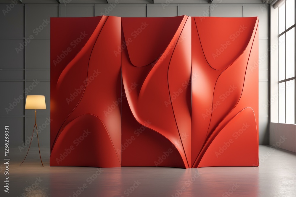 Poster flowing red partition separating space in a modern interior design with minimalist floor lamp