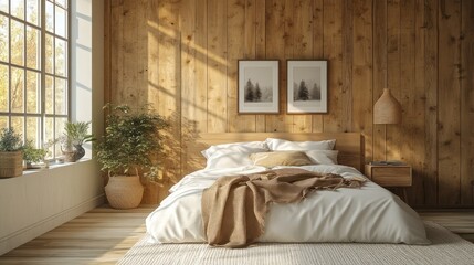 Sunlit bedroom, wood wall, plants, cozy bed, autumnal view