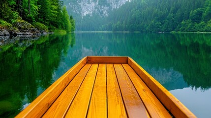 Obraz premium Wooden Rowboat on Serene Mountain Lake Calm Water Reflecting Lush Greenery