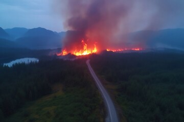 Naklejka premium Wildfire burning forest near road at dusk, aerial view