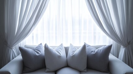 A Bright, Airy Living Room With A Comfy Couch And Sheer Curtains, Bathed In Soft Sunlight.  The Scene Is Peaceful And Serene, Ideal For Relaxation.