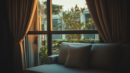 Fototapeta premium A Cozy Couch Sits By A Window, Bathed In The Warm Glow Of The Setting Sun. The Scene Is Peaceful And Serene, Perfect For Relaxation.