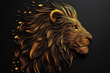 Golden lion head emerging from black background, forming abstract and elegant design