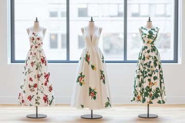 Three floral dresses on mannequins, indoors, against a window, for fashion use.