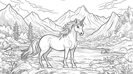 Unicorn coloring pages for kids. Stunning unicorn standing in front of mountains by a calm lake for kids