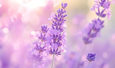 Obraz premium Lavender blossoms in a sunlit field, nature background, for relaxation and beauty themes
