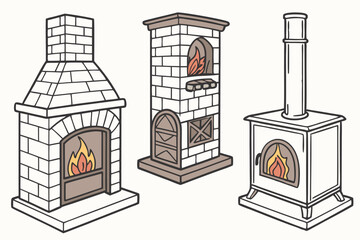 Cartoon fireplaces, cozy home heating, various fireplace designs, brick fireplace, modern stove, wood-burning stove, flames, embers, warmth, comfort, interior design elements, vector illustrations, fl