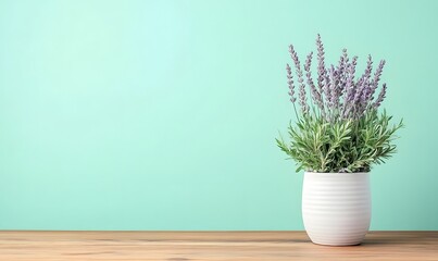 Fototapeta premium Lavender Rosemary Potted Plant on Wooden Table